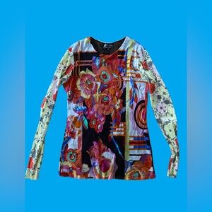 Petit Pois by Viviana G mesh Colorful Floral Long Sleeve Top XL